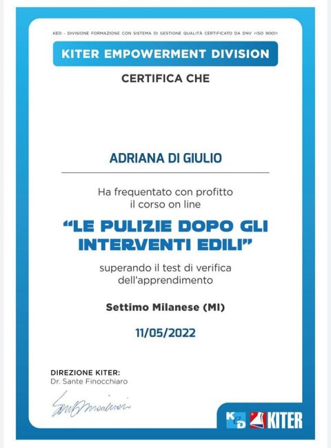 certificazione per pulizie Mad Service in ambienti edili
