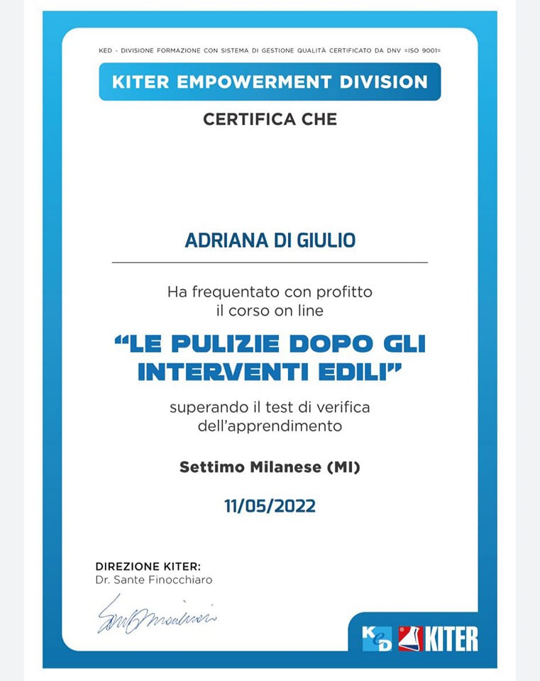 certificazione per pulizie Mad Service in ambienti edili
