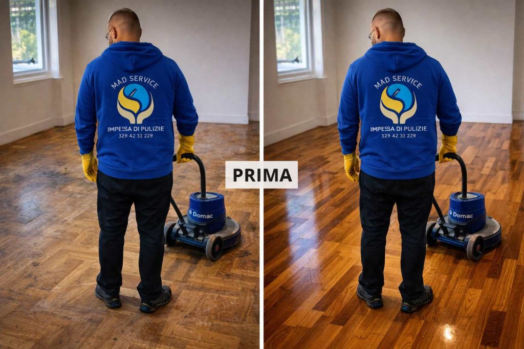 trattamento parquet prima e dopo di Mad Service Roma